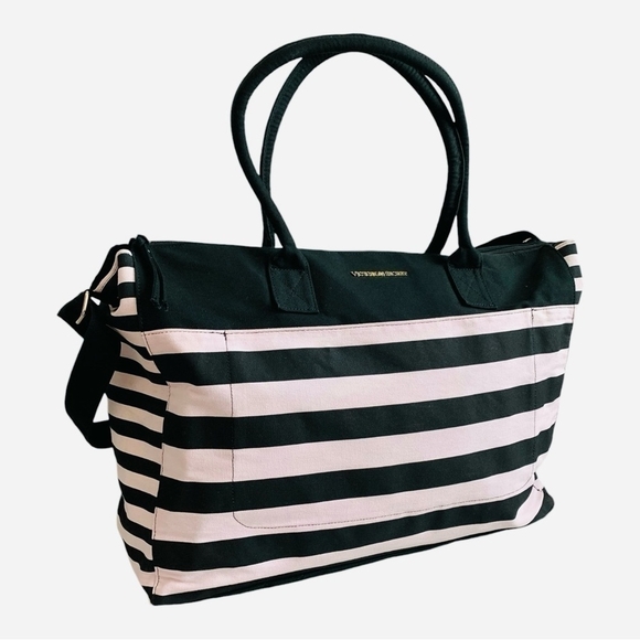 Victoria’s Secret Duffel Bag Black White Pink Stripe Canvas with Makeup Case - Picture 4 of 11
